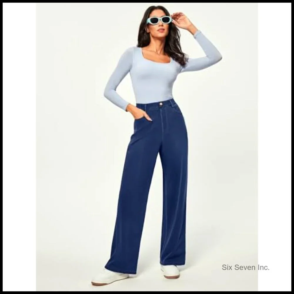 Wide Leg Pull On Jeans High Waisted Stretchy Denim Casual Baggy Straight Fit